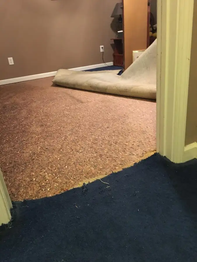 Carpet pad removal revealing water damage during Drying & Dehumidification in Montgomery